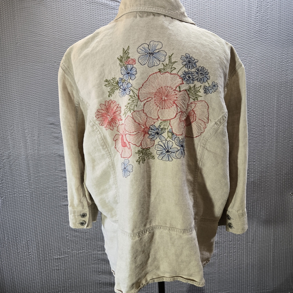Liz Claiborne Beige Linen Jacket with Floral Embroidery